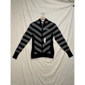 GUESS Zip Up Hoodie Sweater Womens XL Black Gray Striped #2134